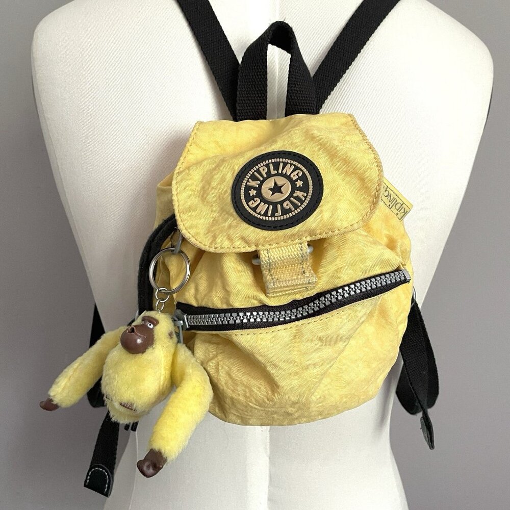 🛑 Vintage 90s Kipling Banana Yellow Mini Backpack w/ Sam, keychain - 8x4"